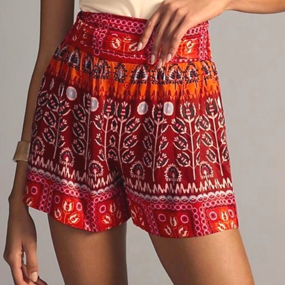Anthropologie Ruched Smocked Shorts Women XS Red Boho Wide-Leg